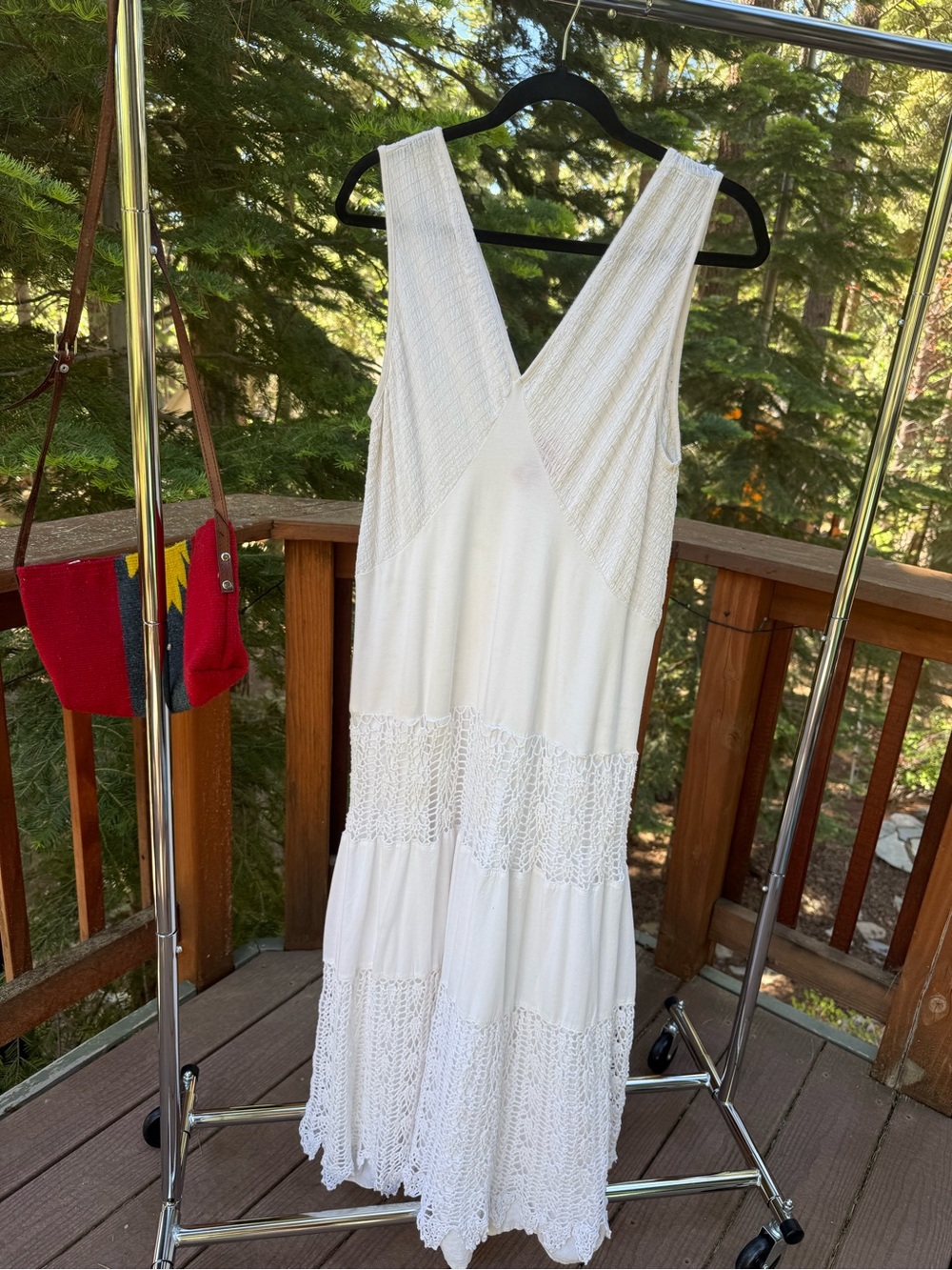 Christina Whimsical Coastal Beach Nautical White Maxi Dress with Crochet Panels